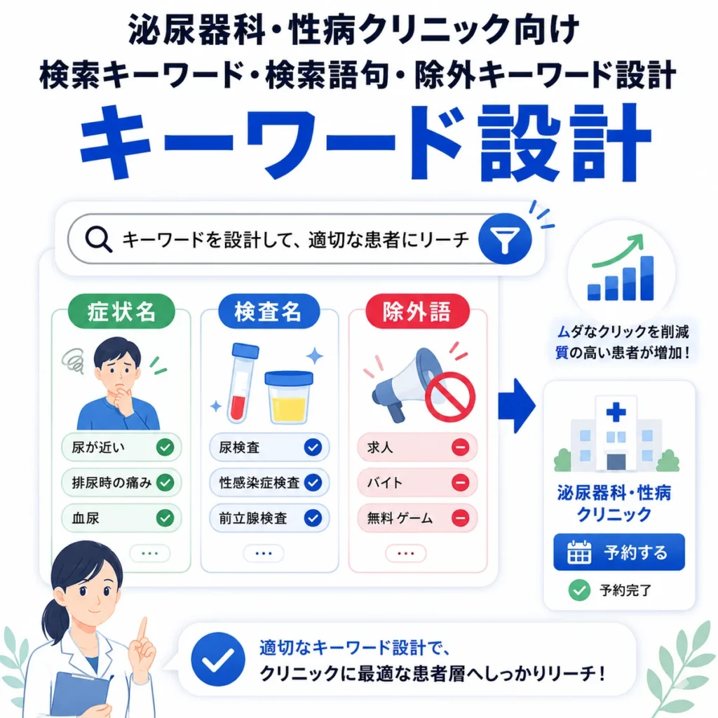 症状名・検査名・除外語を整理して質の高い患者に届ける検索キーワード設計のイラスト