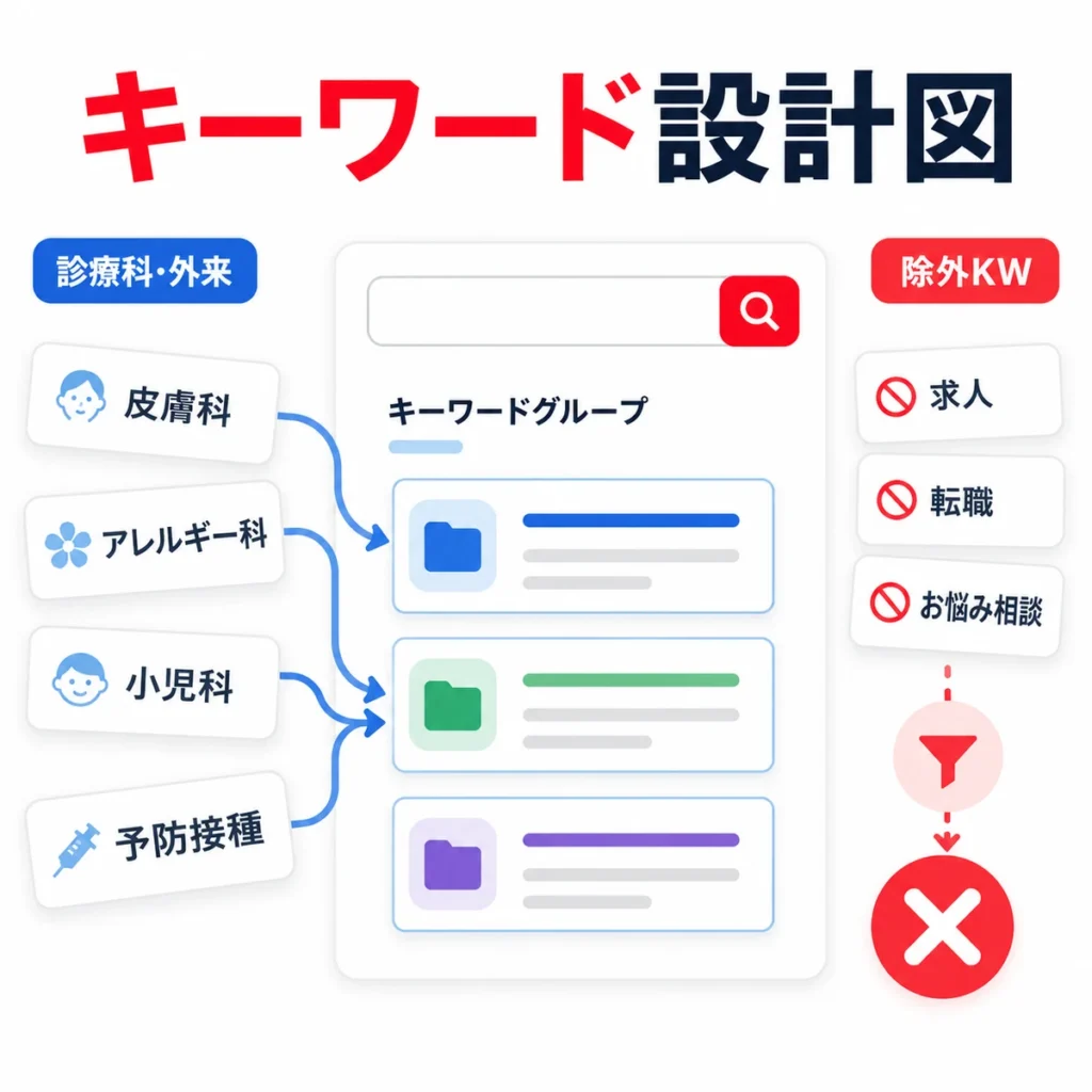 診療科名や専門外来名のキーワード設計と除外キーワードを整理するイラスト