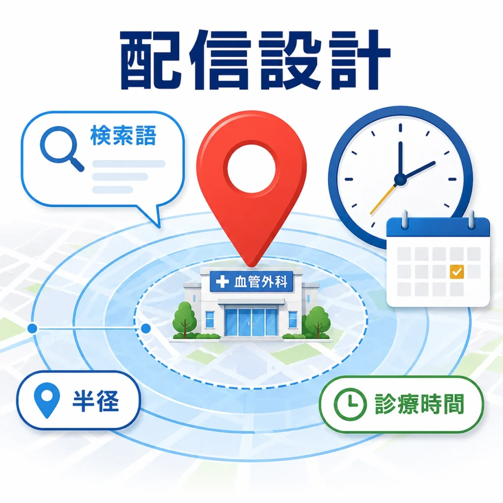 下肢静脈瘤の広告で検索語、配信半径、診療時間をまとめて設計する様子を示すイラスト