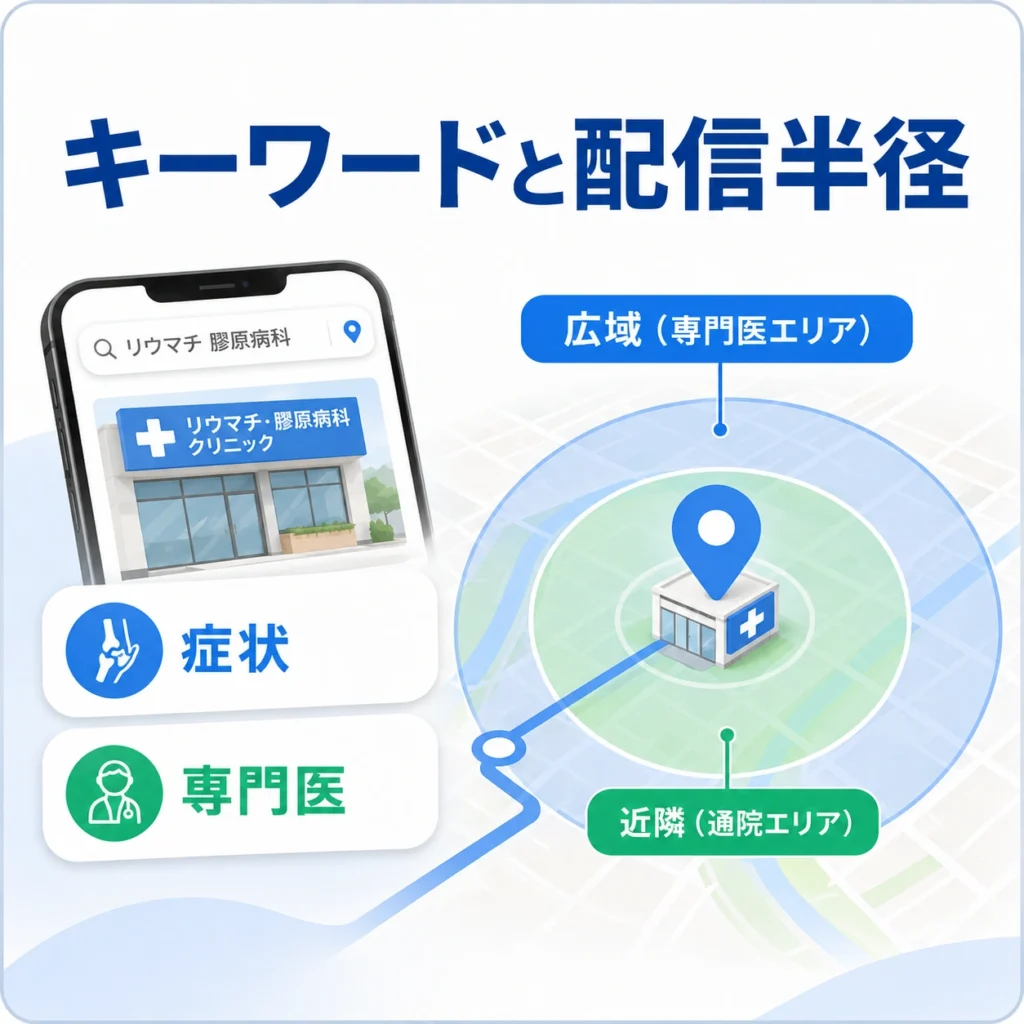 リウマチ・膠原病科の検索キーワード分類と専門診療圏・通院圏の配信半径を示すイラスト