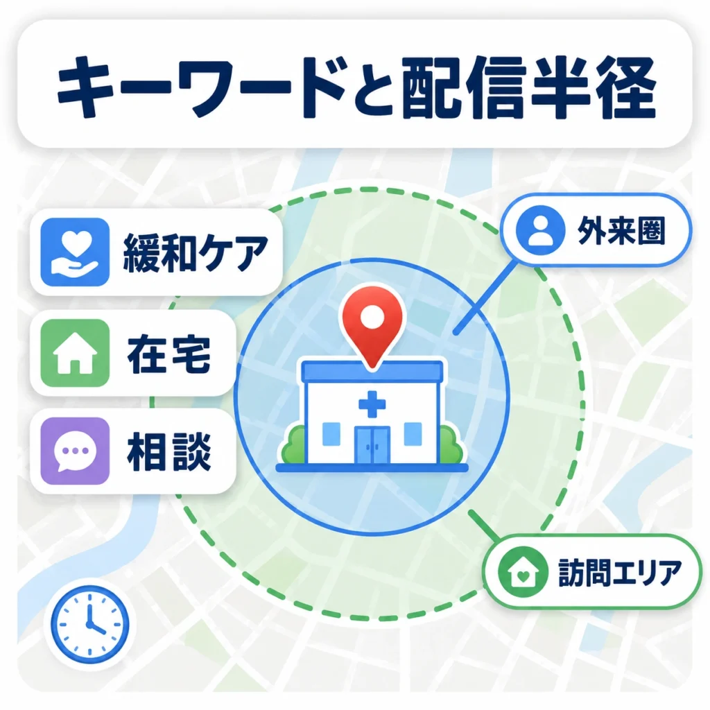 緩和ケアの検索キーワードと外来圏・訪問エリアの配信半径を整理したマップ図解