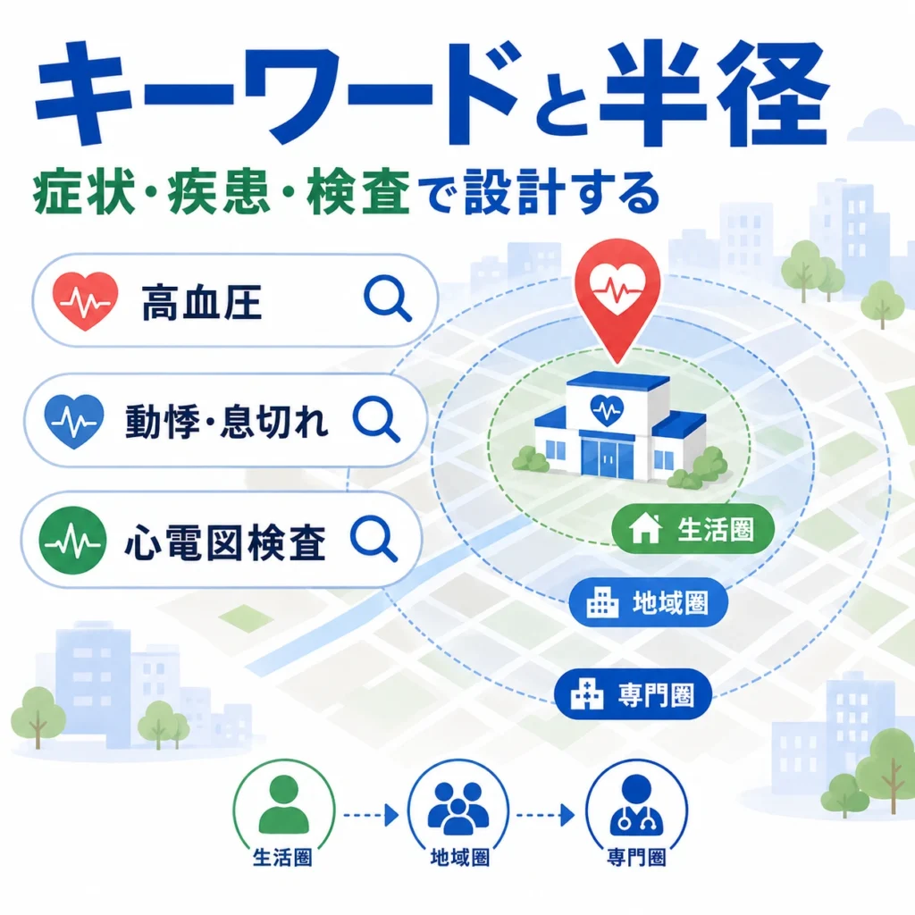 高血圧・動悸・心電図検査などの検索キーワードと配信半径を設計するイラスト