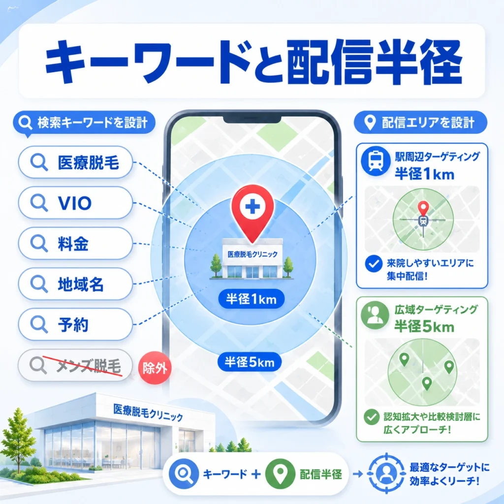 医療脱毛の検索キーワードと配信半径を組み合わせて広告配信を設計する様子を示すイラスト
