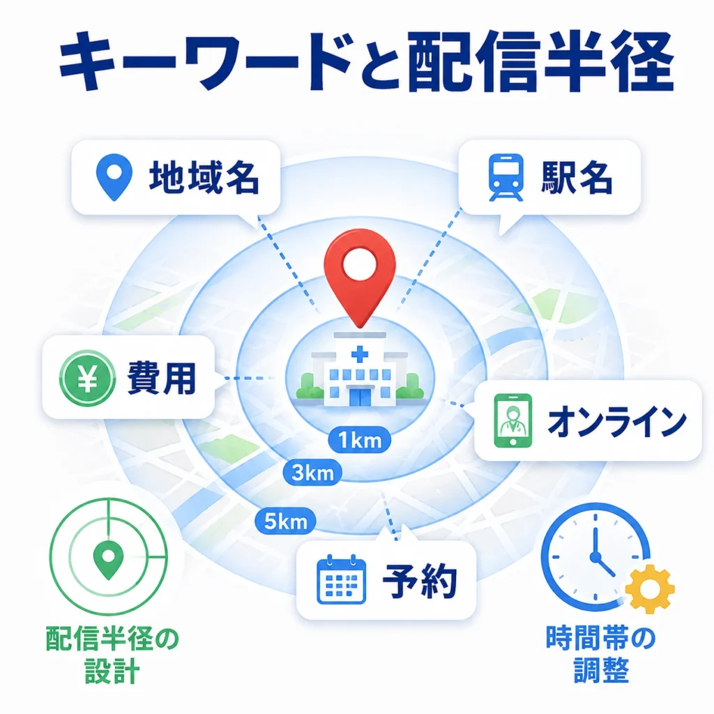 医療ダイエットの検索キーワードと配信半径を地域名・駅名・費用・オンライン対応で設計するイラスト