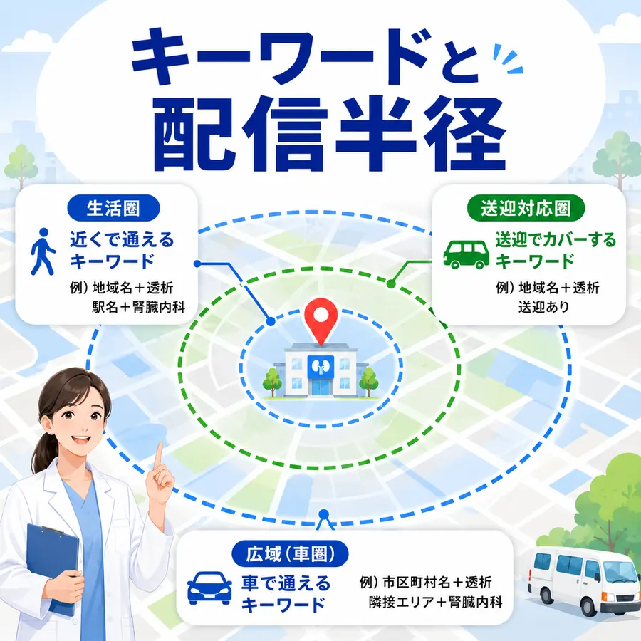 腎臓内科・人工透析のキーワードと生活圏・車圏・送迎対応圏の配信半径を整理するイラスト