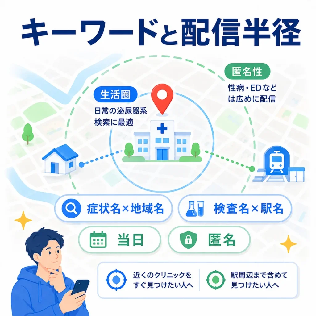 症状名や検査名の検索キーワードと生活圏・匿名性を考慮した配信半径の設計を示すイラスト