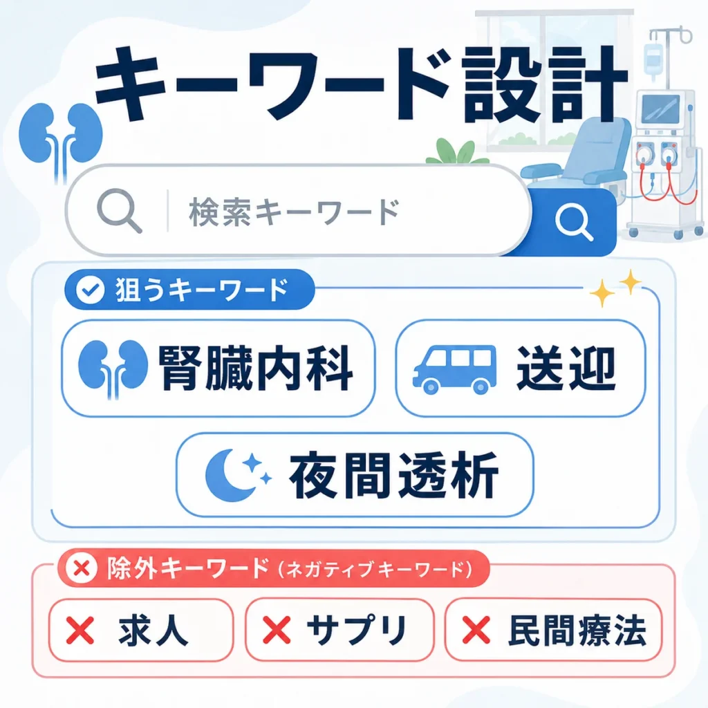 腎臓内科・人工透析クリニック向けの狙うキーワードと除外キーワードの設計を示すイラスト