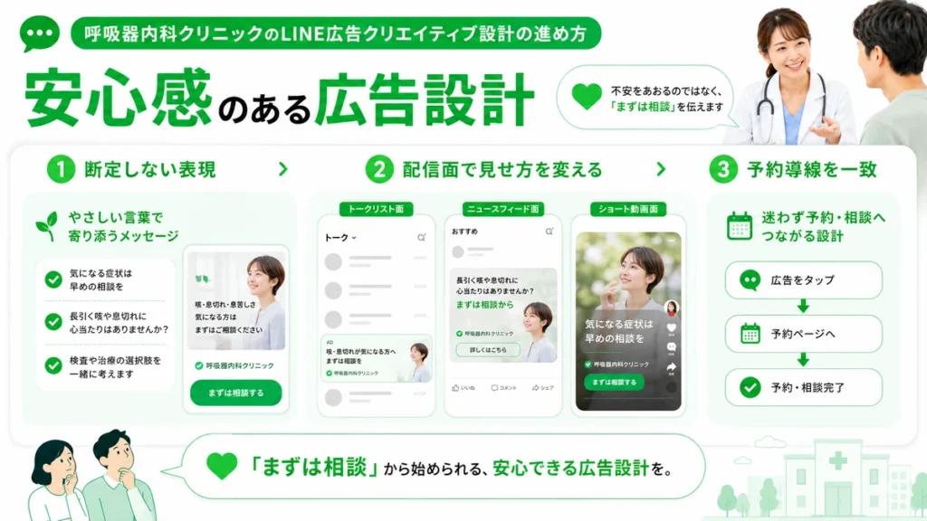 呼吸器内科のLINE広告で安心感のある表現や配信面ごとの見せ方を設計するイラスト