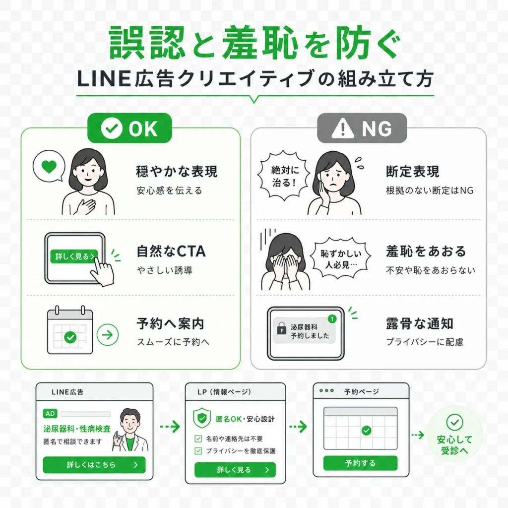 誤認や羞恥を防ぐLINE広告クリエイティブのOK表現とNG表現を比較するイラスト
