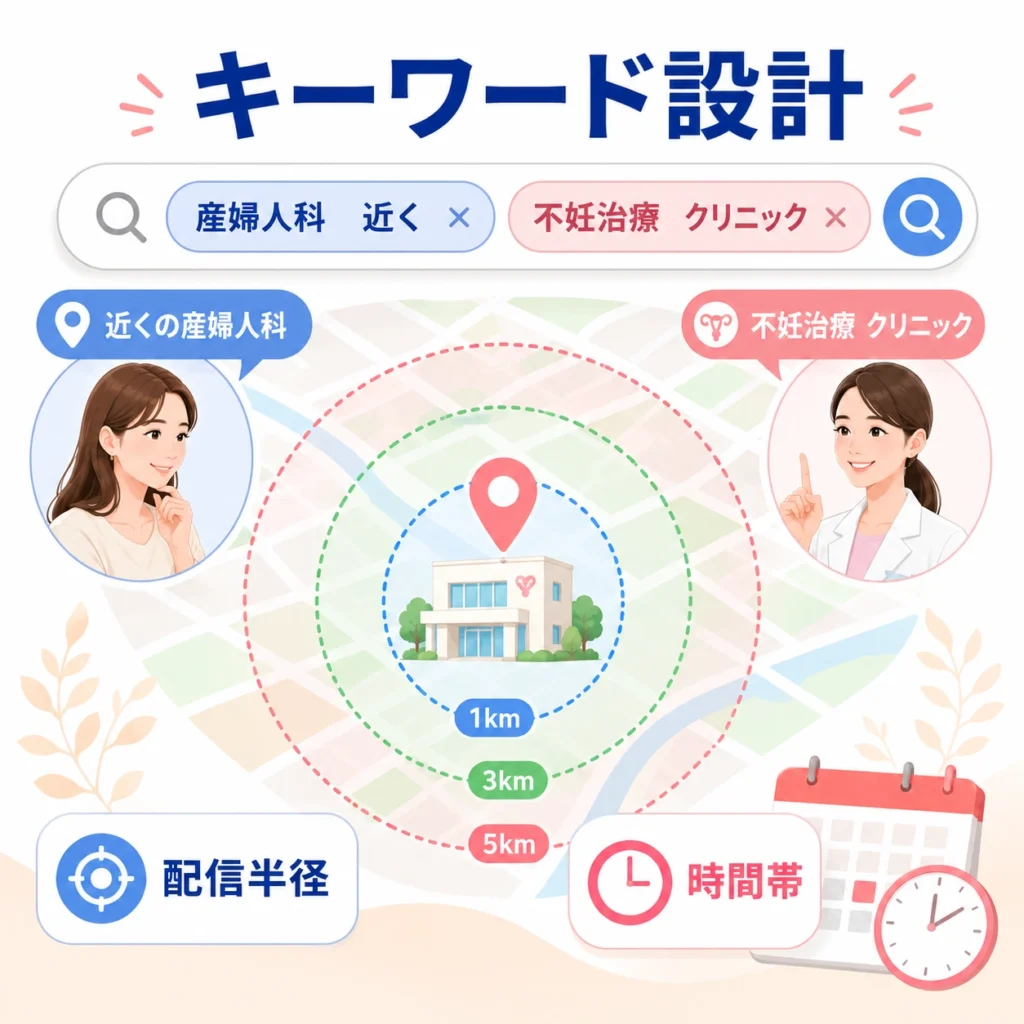 産婦人科・不妊治療クリニックの広告キーワードと配信半径・時間帯を設計するイラスト