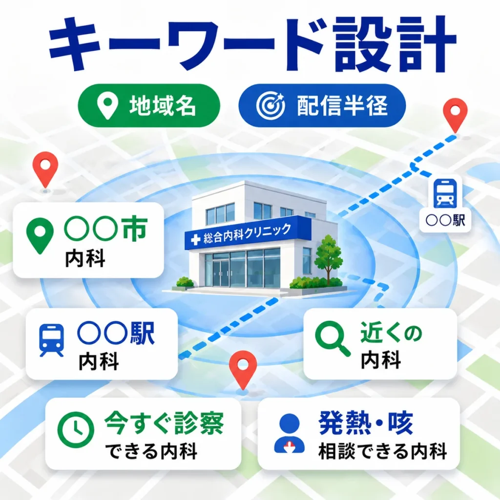 地域名や駅名などのローカル検索キーワードと配信半径を設計する総合内科クリニック向けイラスト