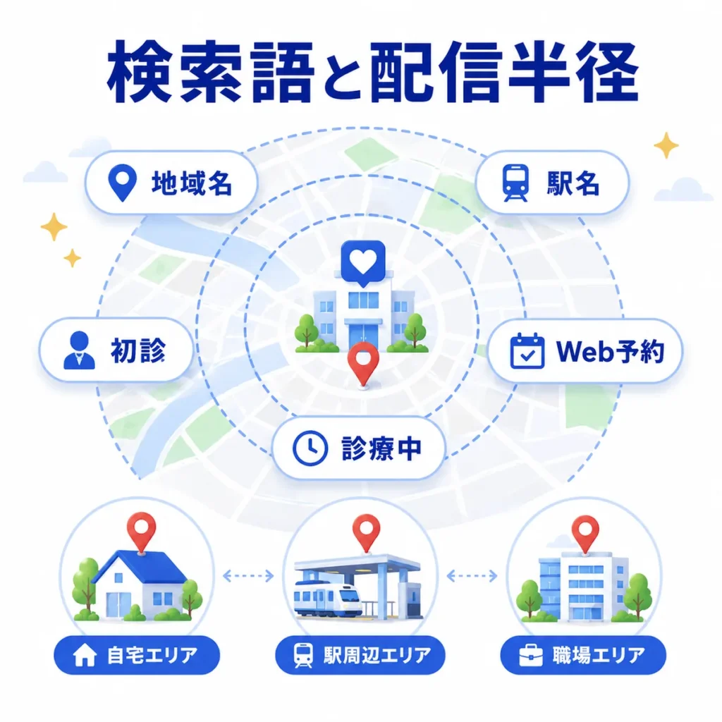 精神科クリニック向けの地域名や駅名、初診、Web予約などの検索語と配信半径設計を示すイラスト