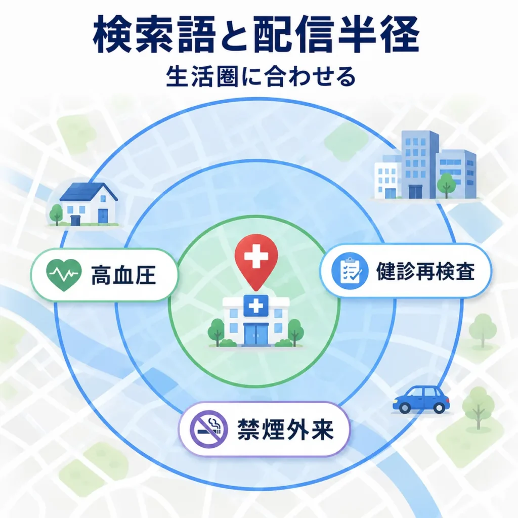高血圧・健診再検査・禁煙外来の検索語と配信半径を生活圏に合わせるイラスト