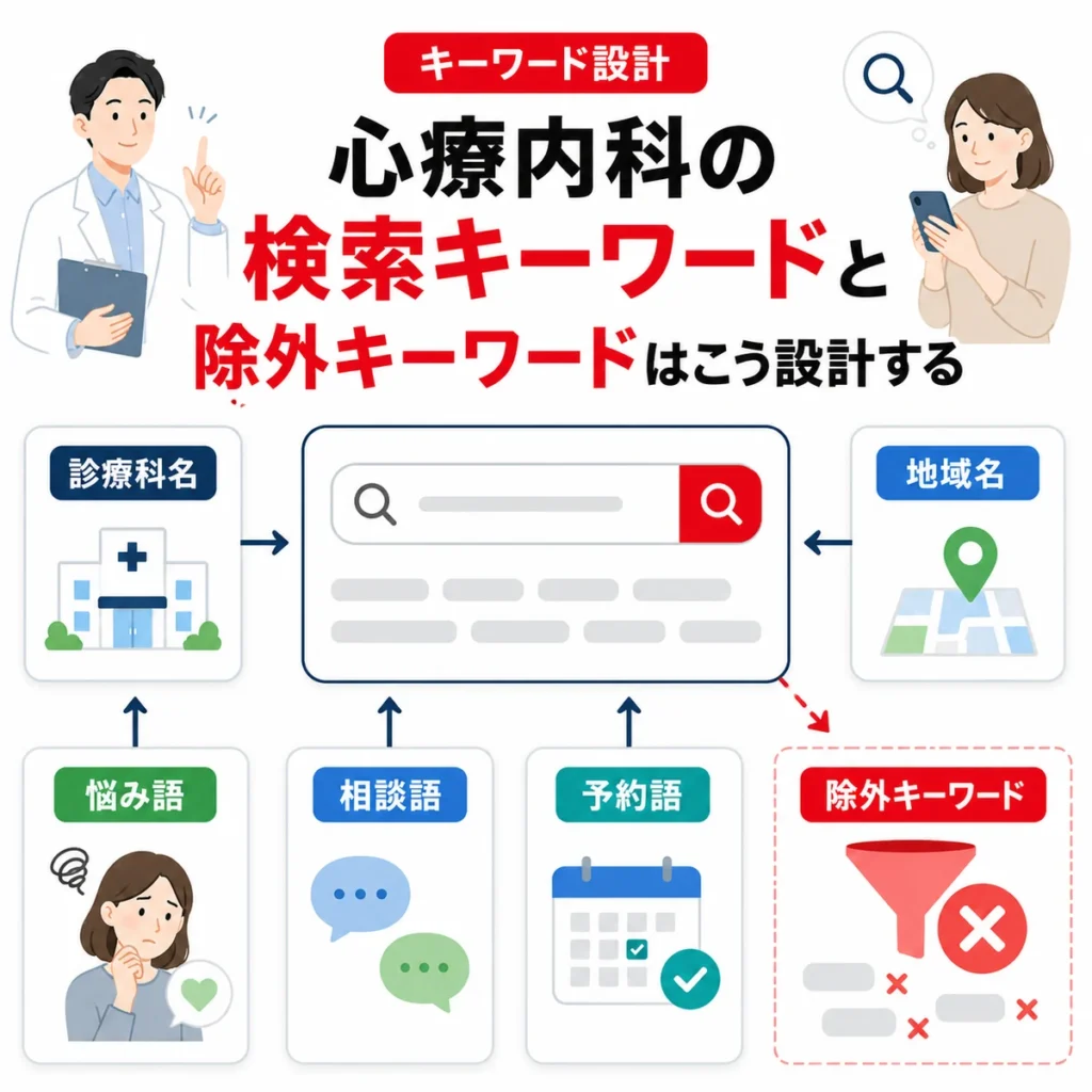 心療内科広告の検索キーワードと除外キーワードを分類して設計する流れを示すイラスト