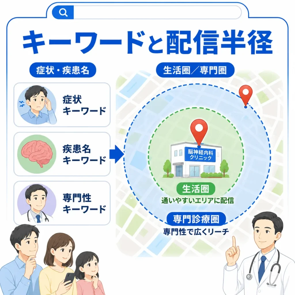 脳神経内科クリニックの症状名・疾患名キーワードと生活圏・専門診療圏の配信半径設計を示すイラスト
