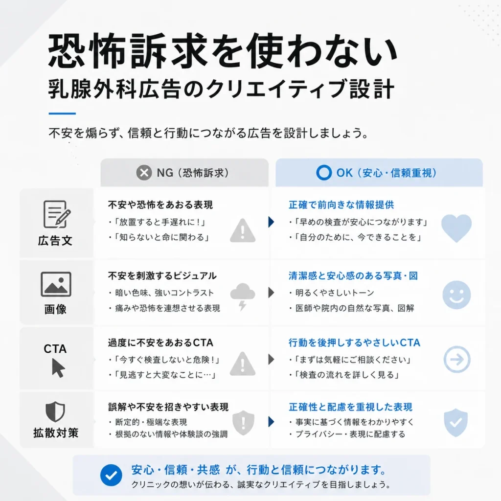 恐怖訴求を使わず安心感と信頼感を重視した乳腺外科X広告のクリエイティブ設計を示すイラスト