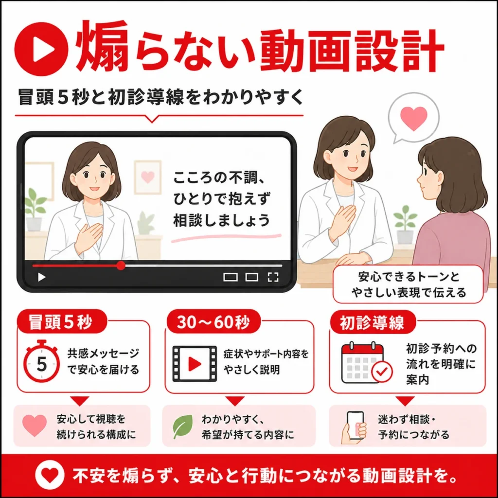 不安を煽らず相談先と初診導線をわかりやすく伝える動画設計を示すイラスト