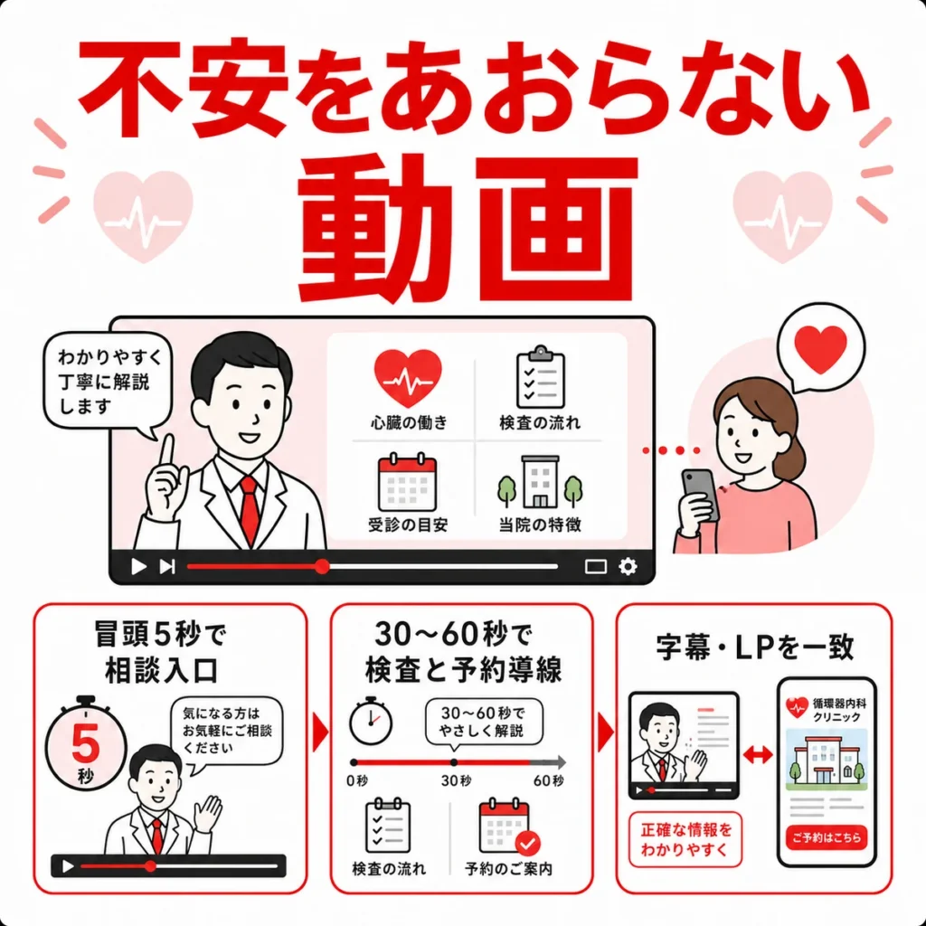 不安をあおらず相談入口や検査予約導線を伝える動画クリエイティブの作り方を示すイラスト