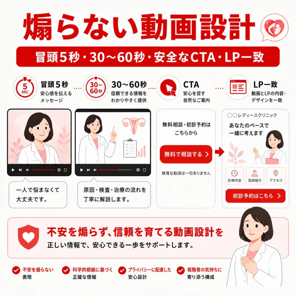 不安を煽らず冒頭5秒やCTA、LP一致を意識した動画設計を示すイラスト