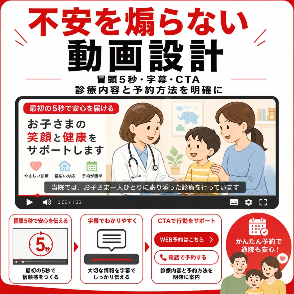 保護者の不安を煽らず診療内容と予約方法を伝える動画クリエイティブ設計のイラスト