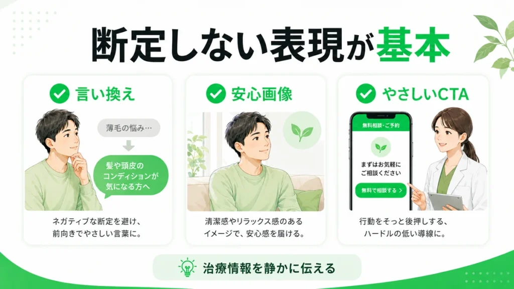 薄毛を断定せず、安心感のある画像と言い換え表現でLINE広告を設計するポイントを示すイラスト