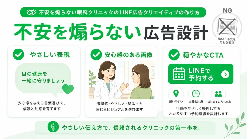 不安を煽らない眼科クリニックのLINE広告クリエイティブとして、やさしい表現や安心感のある画像、穏やかなCTAを示すイラスト