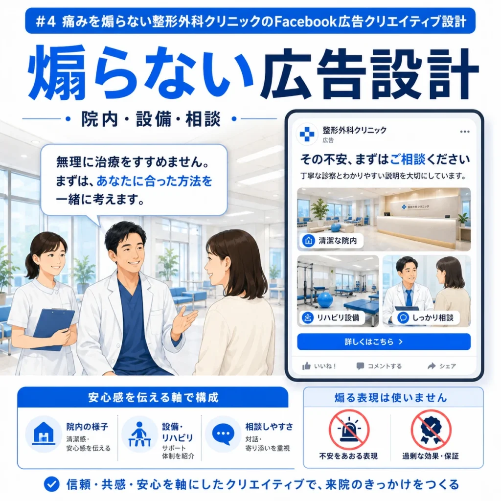 痛みを煽らず院内設備や相談しやすさを伝える整形外科の広告クリエイティブ設計を示すイラスト
