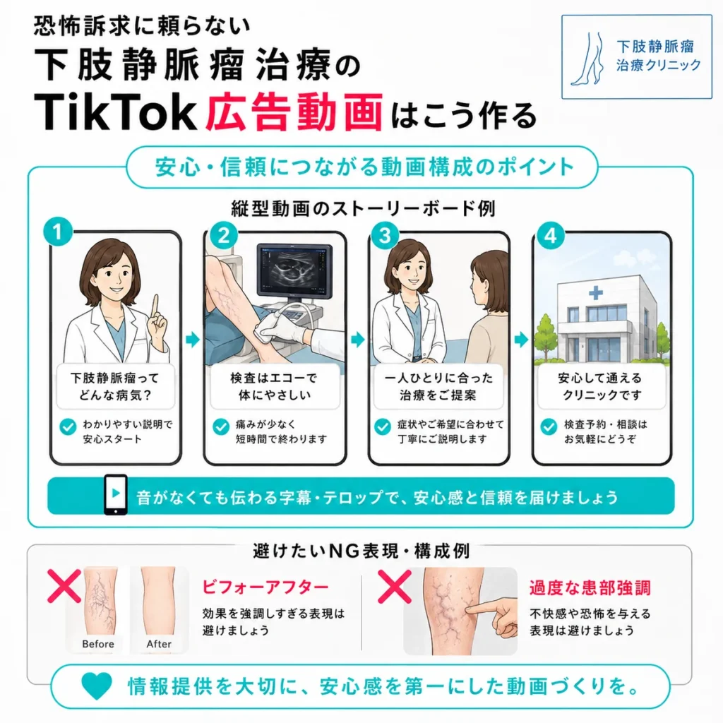 恐怖訴求に頼らず医師解説や検査フローで安心感を伝える動画構成を示すイラスト