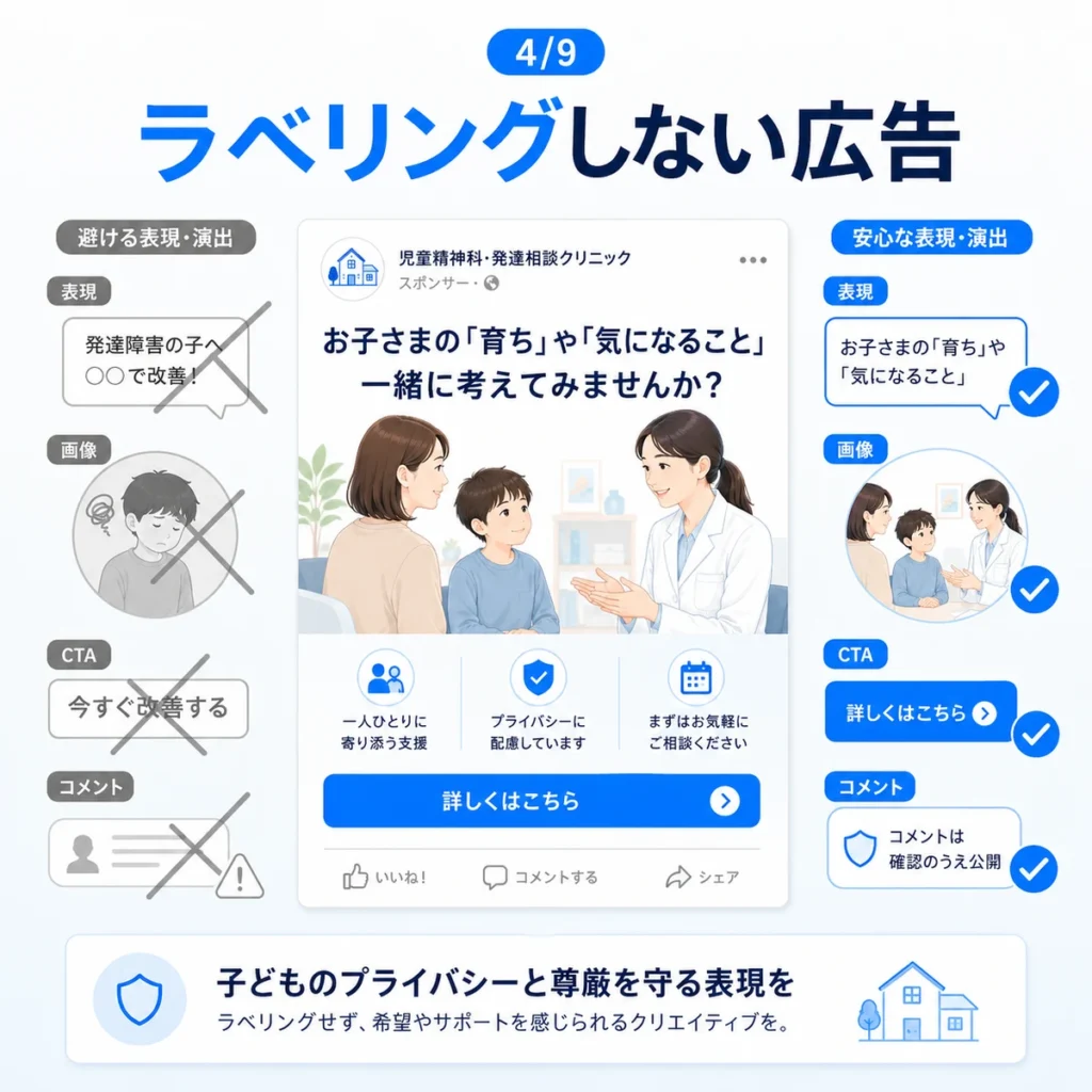 子どもをラベリングせず安心して相談できるFacebook広告クリエイティブの作り方を示すイラスト