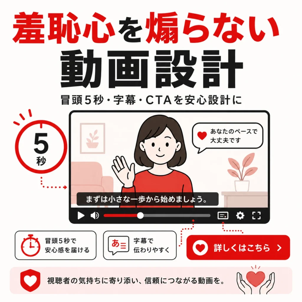 冒頭5秒や字幕、CTAを安心感のある表現に整える動画クリエイティブ設計のイラスト