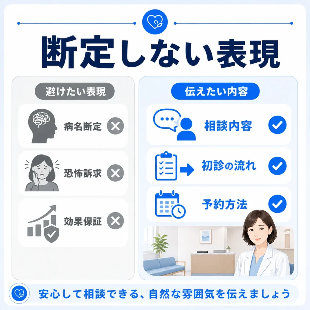病名断定や恐怖訴求を避け、相談内容や初診の流れを伝える広告表現のイラスト