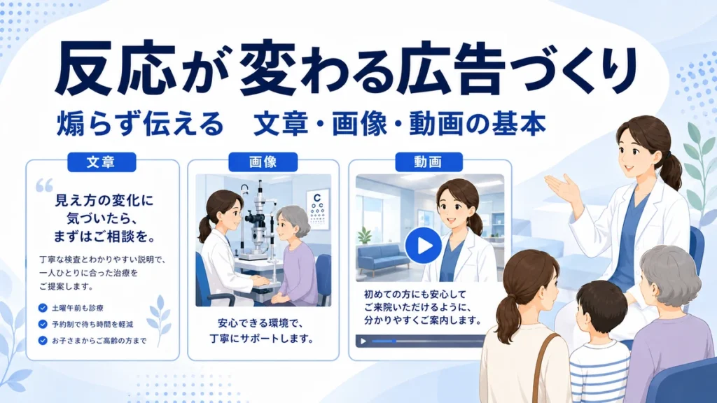 tips.webp
眼科広告で文章、画像、動画を使い分けて安心感を伝えるクリエイティブ作成のイラスト