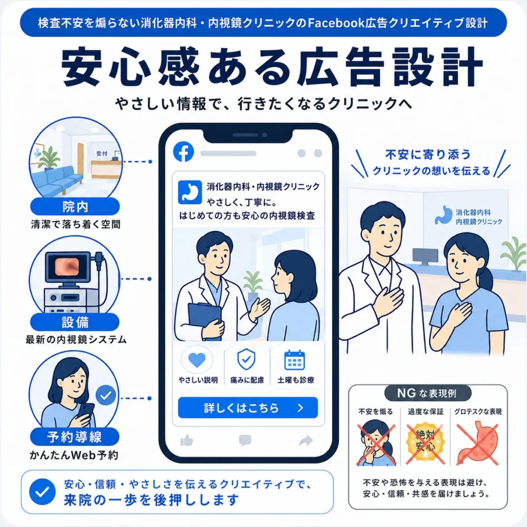 検査不安を煽らず安心感を伝える内視鏡クリニックのFacebook広告設計を示すイラスト