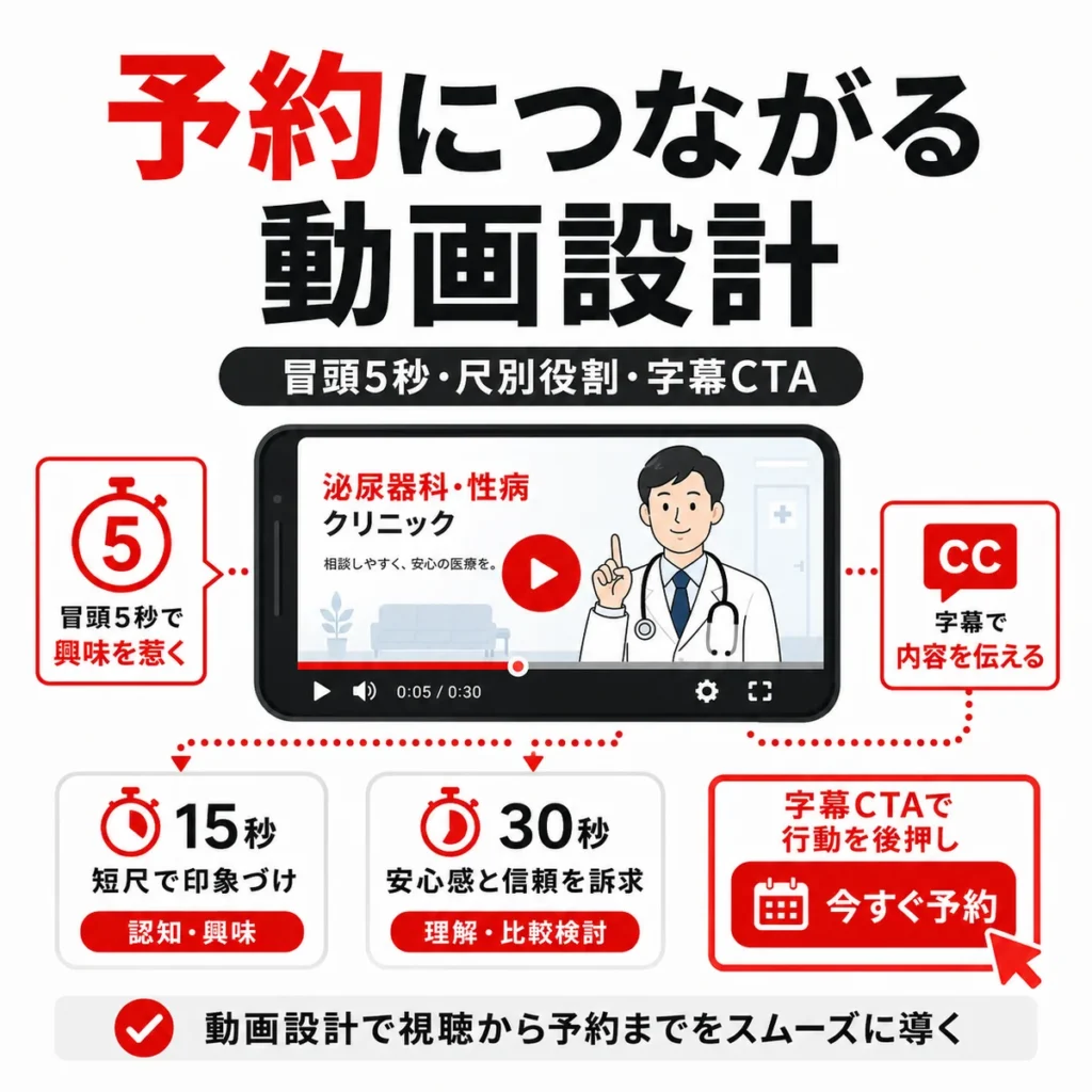 冒頭5秒や動画尺、字幕CTAを設計して予約につなげる動画クリエイティブのイラスト