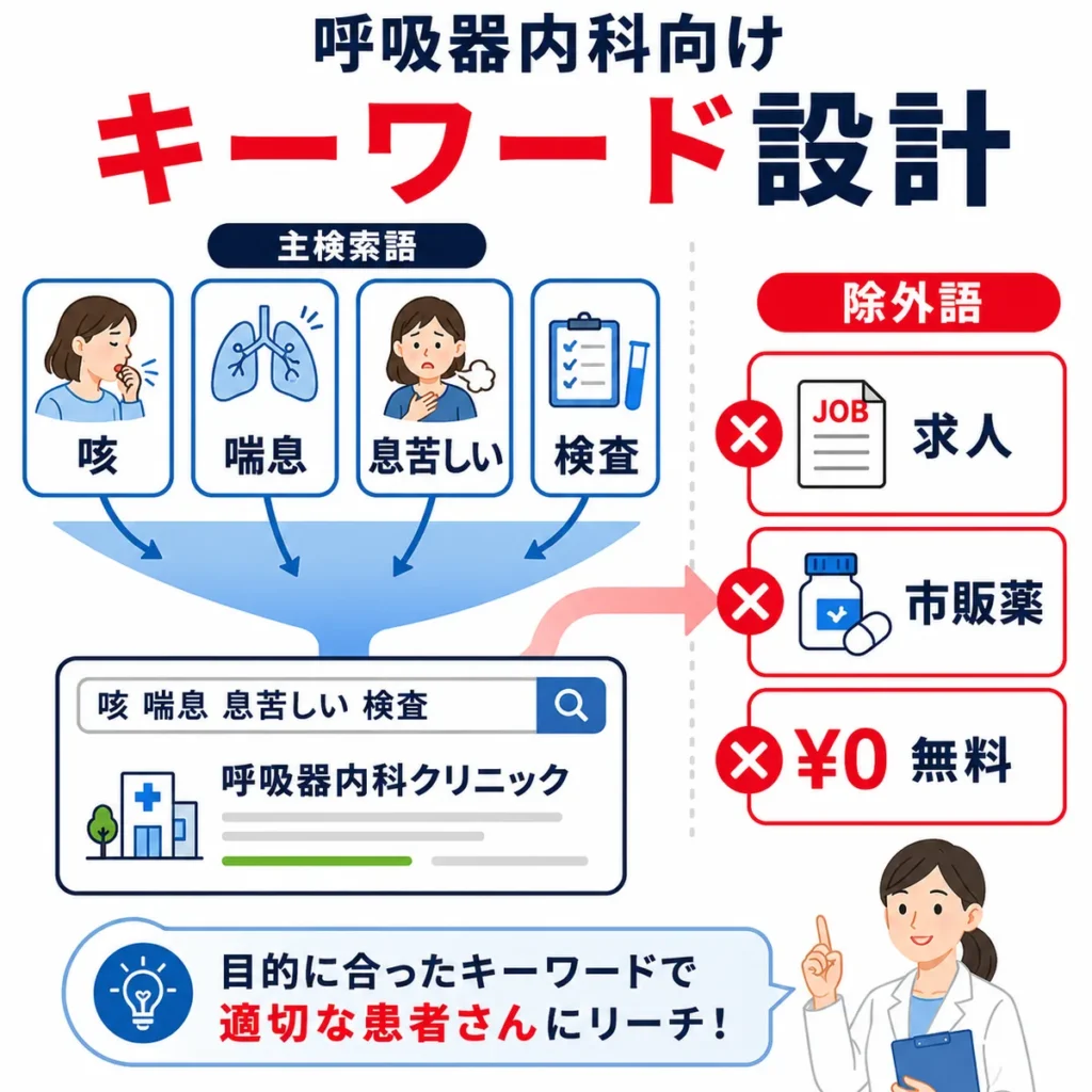 呼吸器内科向けに咳や喘息などの主検索語と求人・市販薬などの除外語を設計するイラスト