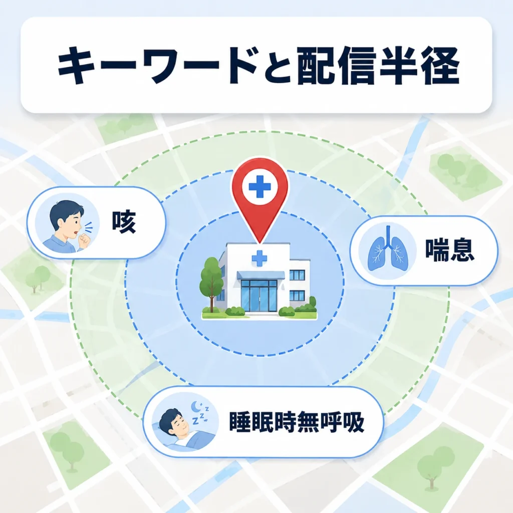 咳・喘息・睡眠時無呼吸の検索キーワードと配信半径を地図上で設計する様子を示すイラスト
