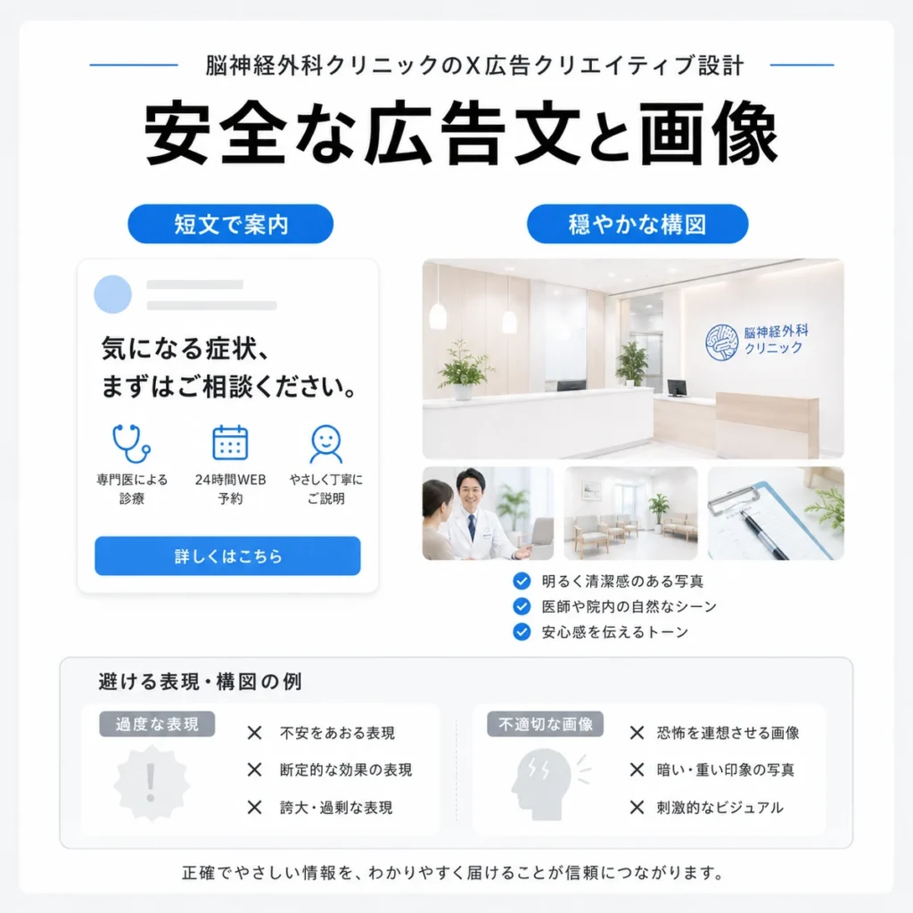 脳神経外科クリニックのX広告で安全な広告文と穏やかな画像設計を示すイラスト