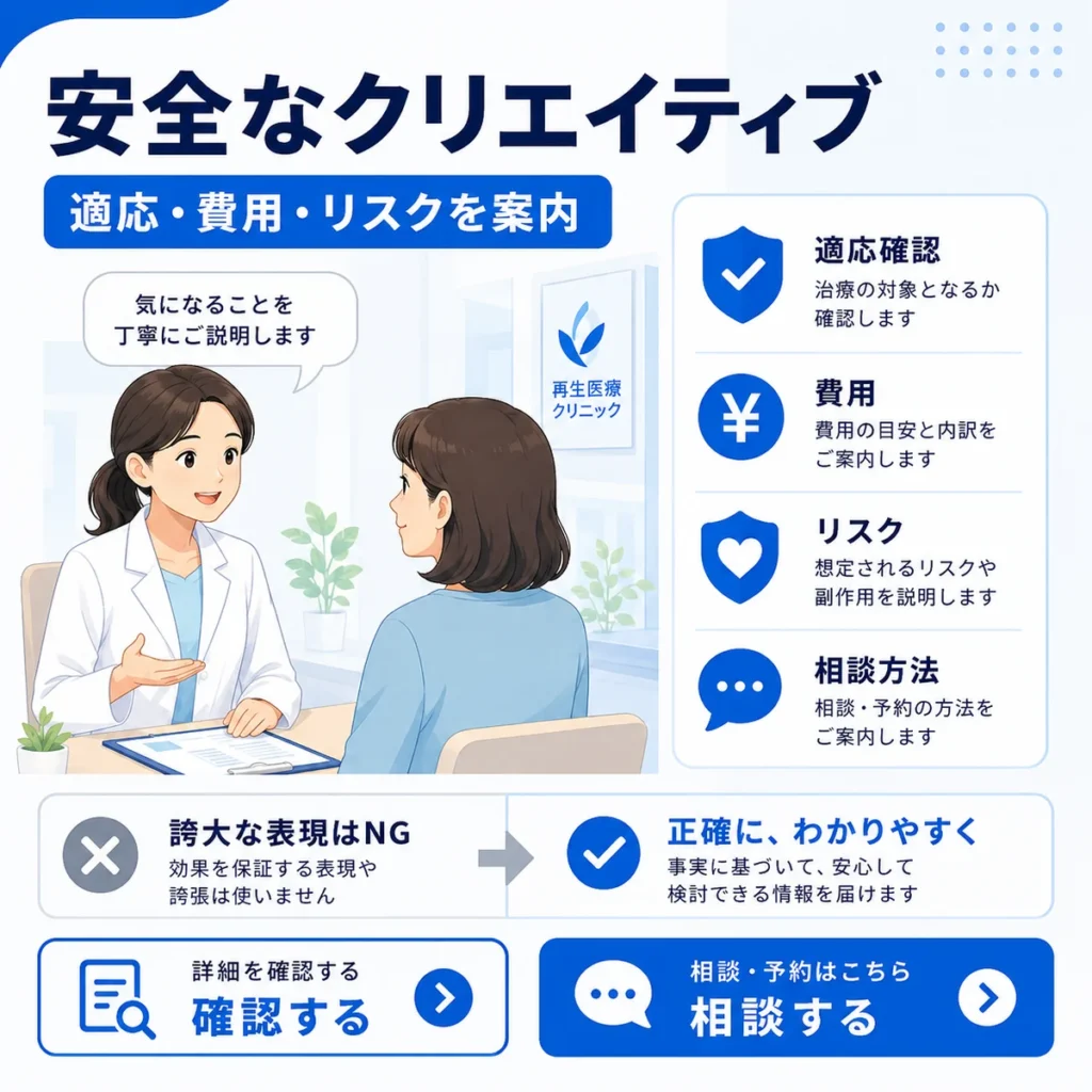 適応確認・費用・リスクを軸にした安全なFacebook広告クリエイティブの作り方を示すイラスト