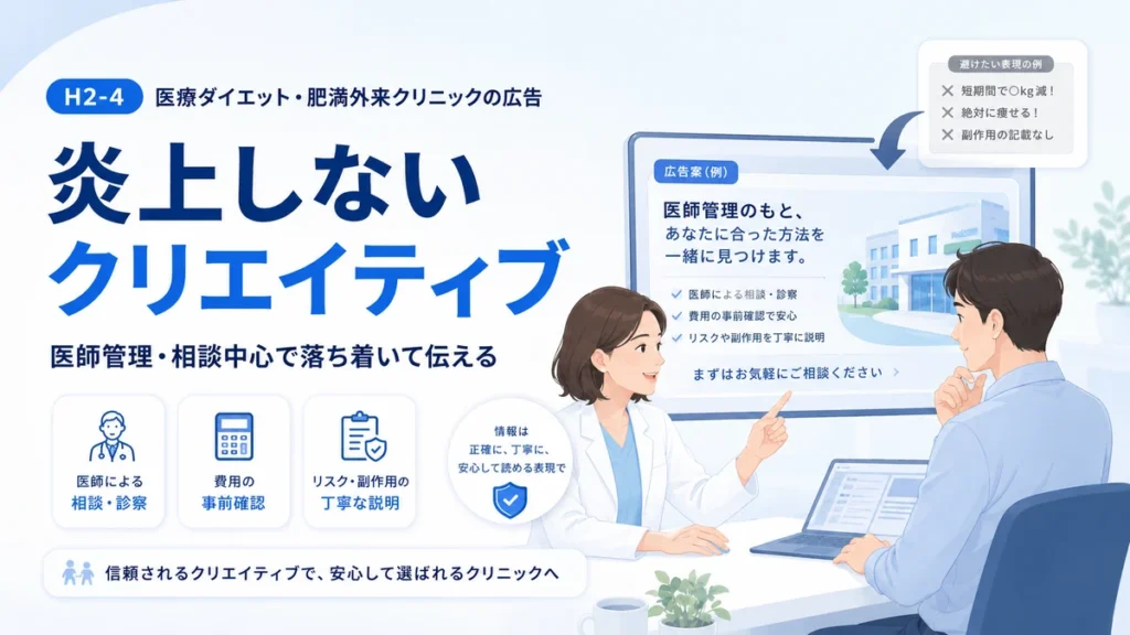 医師管理と相談を中心に炎上しにくい広告クリエイティブを作る様子を示すイラスト
