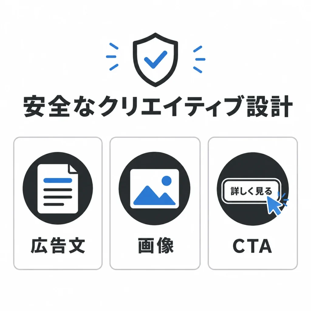 総合病院X広告で安全な広告文・画像・CTAを設計するポイントを示すイラスト