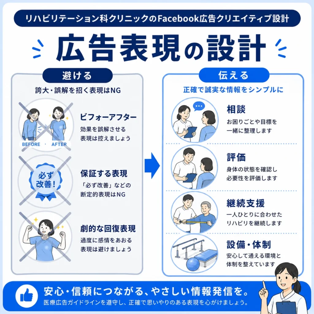 リハビリ広告で避けたい表現と相談・評価・継続支援として伝えるべき内容を整理したイラスト