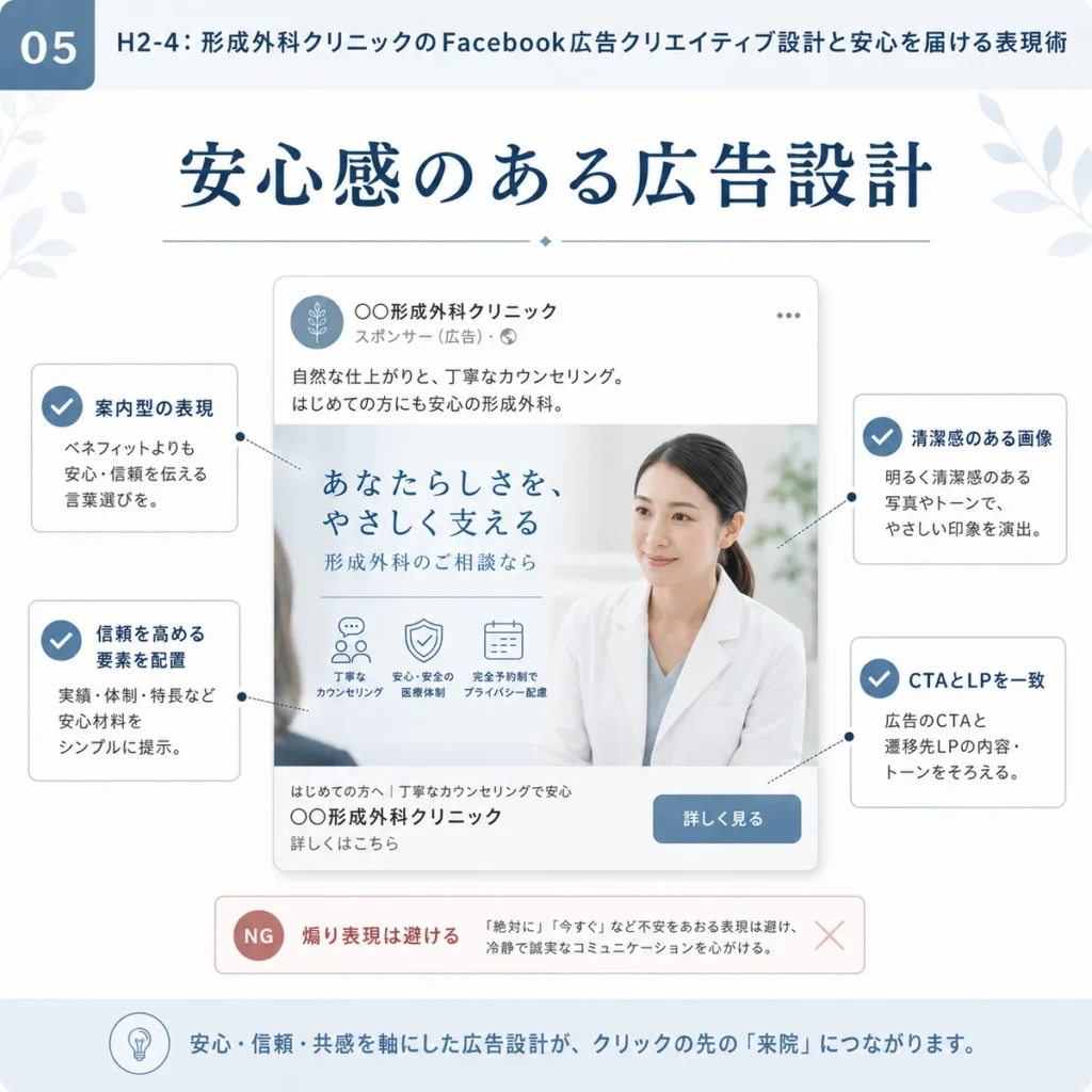 形成外科のFacebook広告で安心感を伝えるクリエイティブ設計を示すイラスト