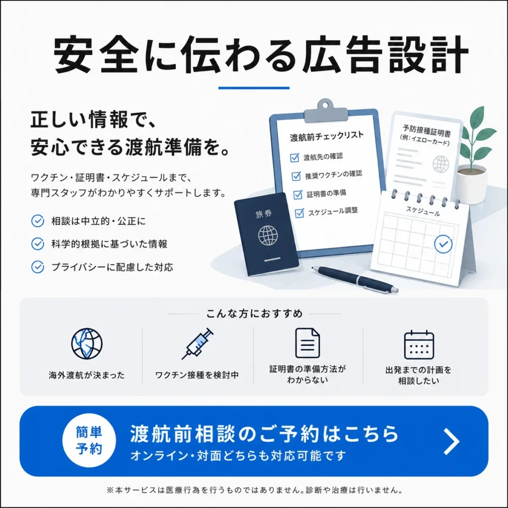 渡航前相談の予約につなげる安全な広告クリエイティブ設計を示すイラスト