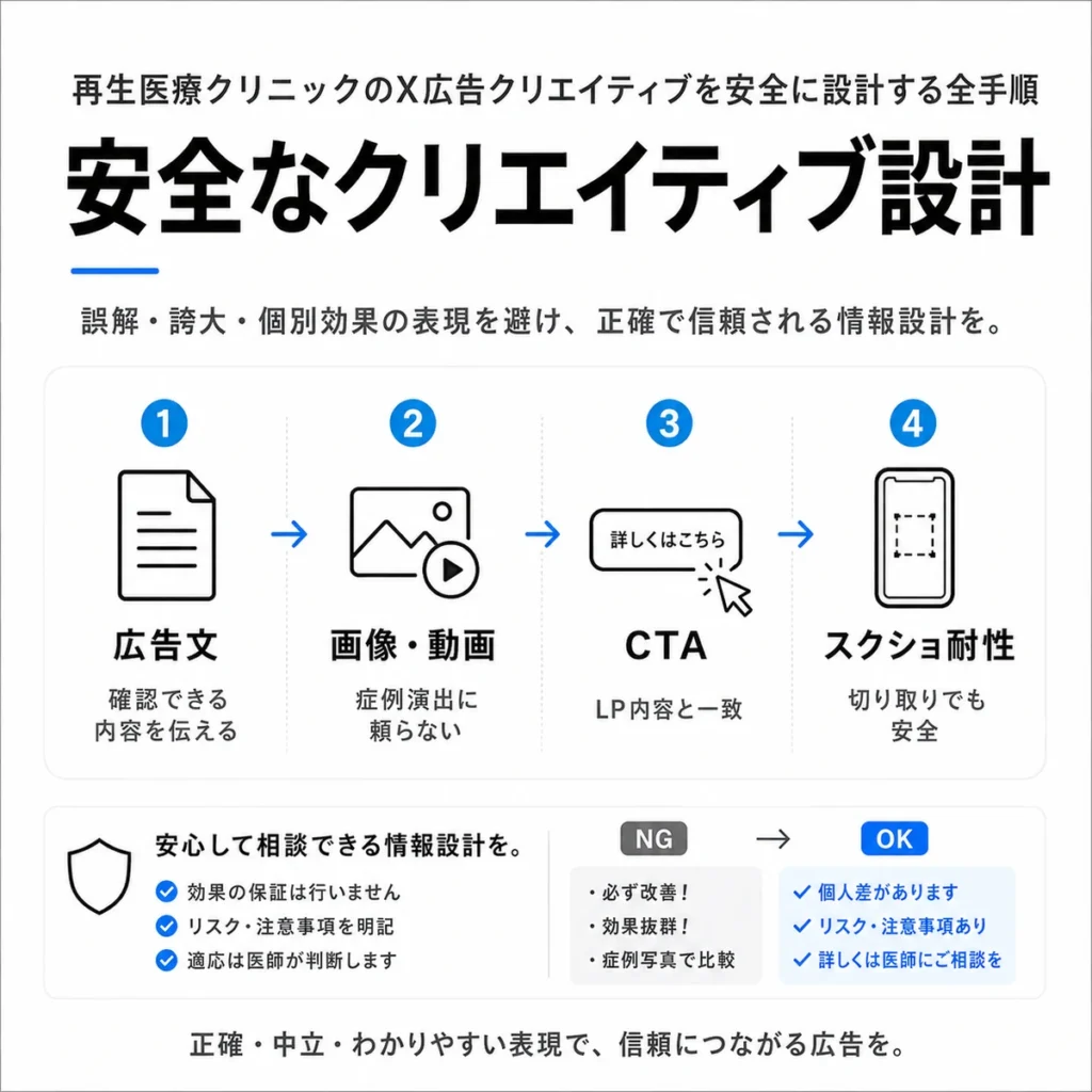 再生医療クリニックのX広告クリエイティブを広告文、画像動画、CTA、スクショ耐性で安全に設計する手順のイラスト