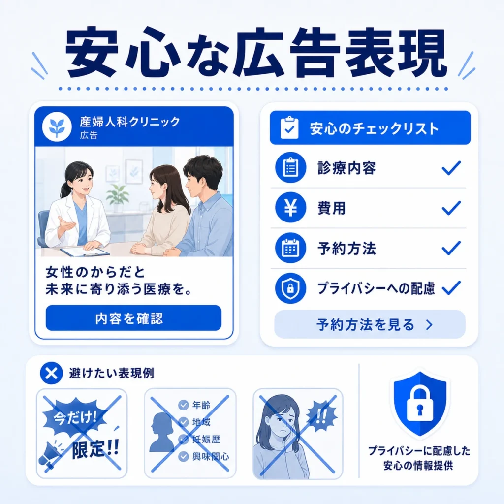 家族や職場で見られても安心なFacebook広告表現と避けたい表現を示すイラスト