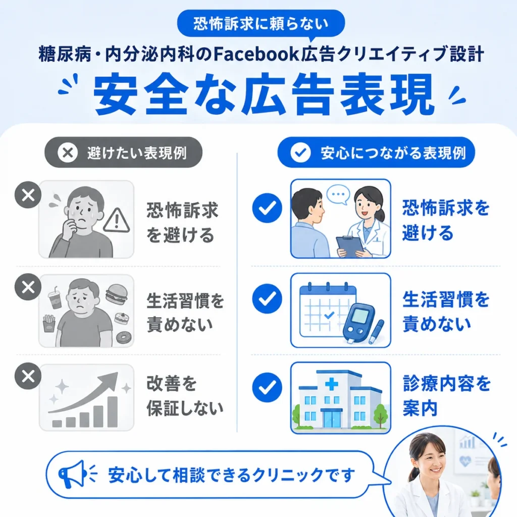 恐怖訴求や生活習慣批判を避けた安全なFacebook広告表現を示すイラスト