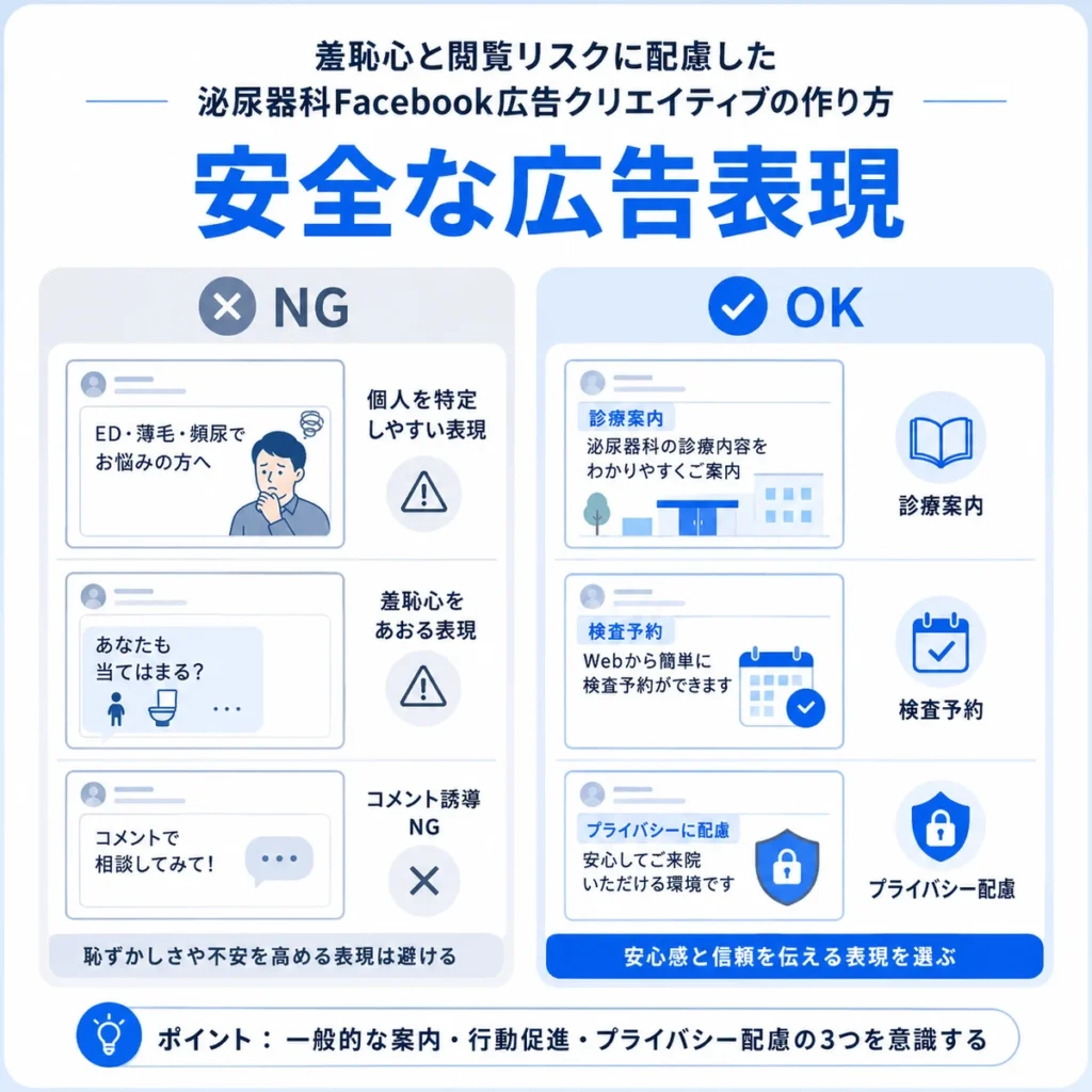 羞恥心や閲覧リスクに配慮した安全なFacebook広告表現のOK例とNG例を示すイラスト