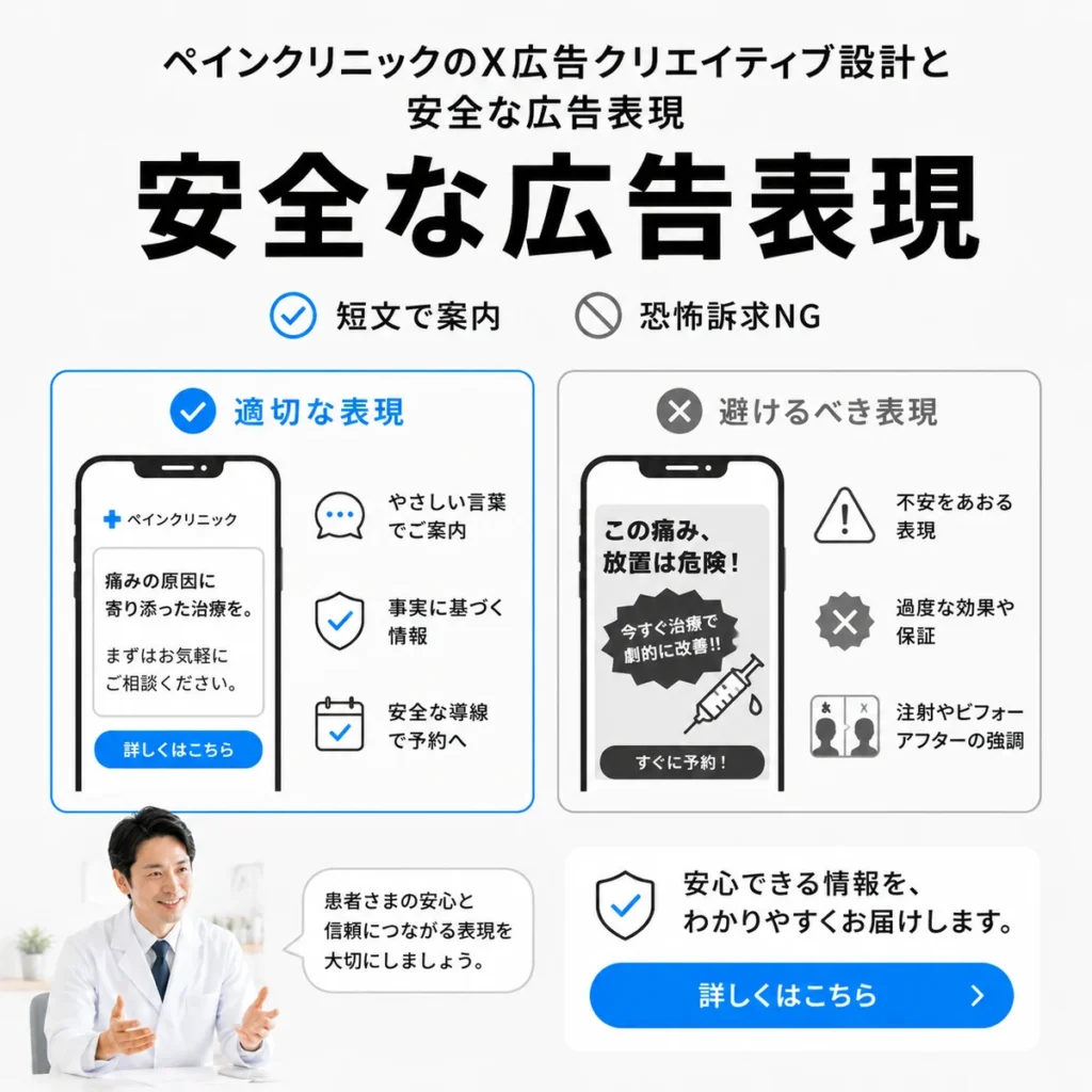 ペインクリニックのX広告で安全な広告表現と避けるべき表現を比較したイラスト