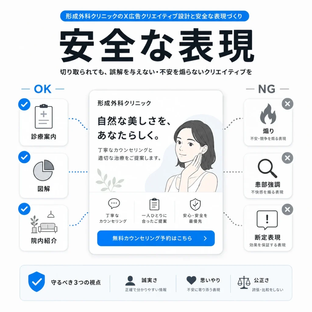 形成外科クリニックのX広告で安全な表現と避けるべき表現を整理したイラスト
