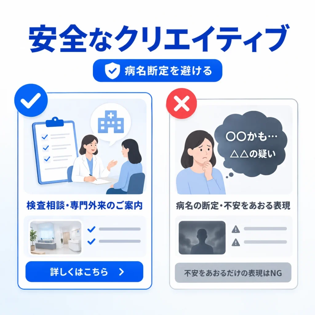 病名断定や不安訴求を避けて検査相談へつなげる安全な広告クリエイティブを示すイラスト